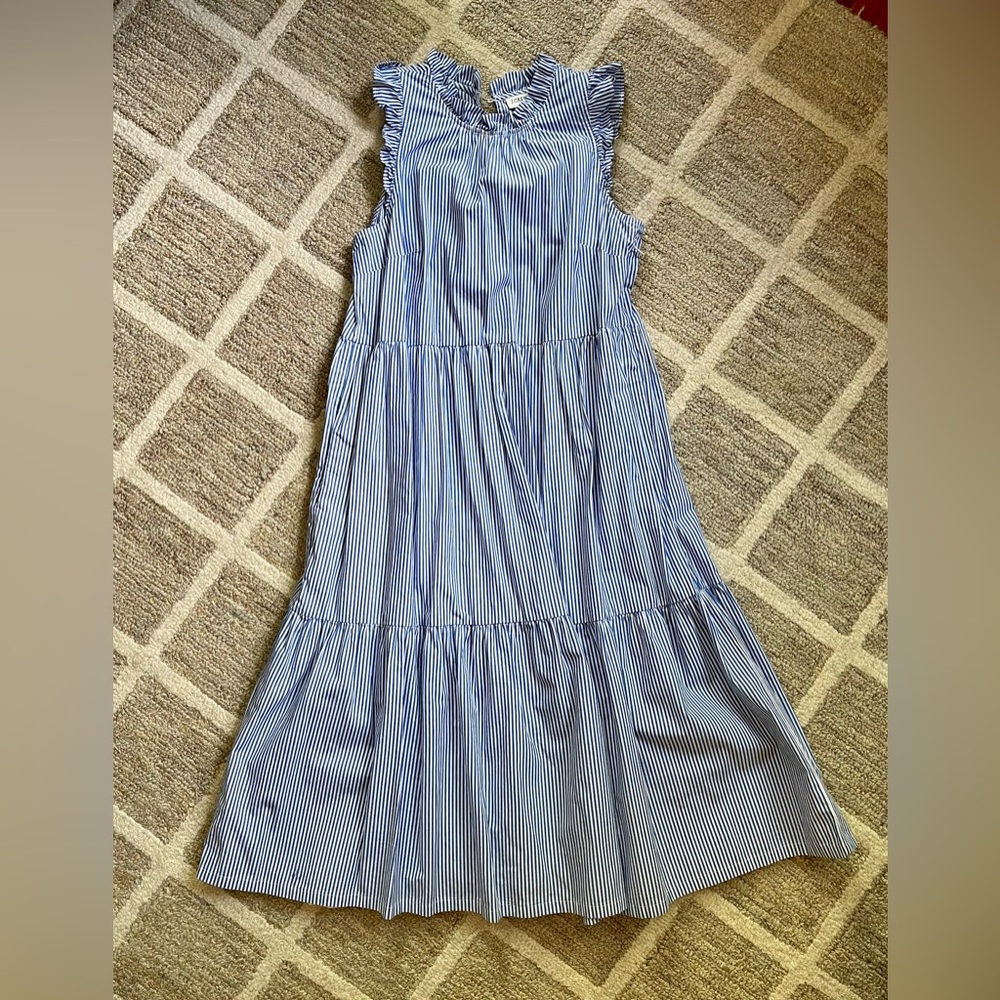 J.Crew blue and white striped tiered midi dress